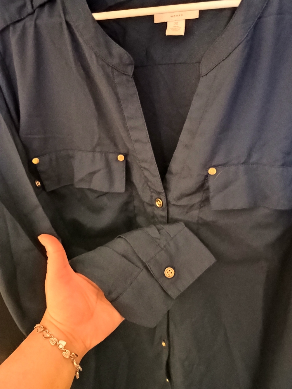 Charter Club Navy Long-Sleeve Button-Down Blouse with Gold Buttons - Picture 3 of 3